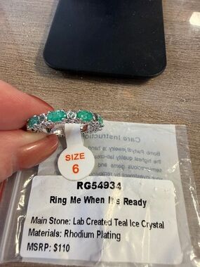 Teal Crystal Rhodium-Plated Ring - Size 6